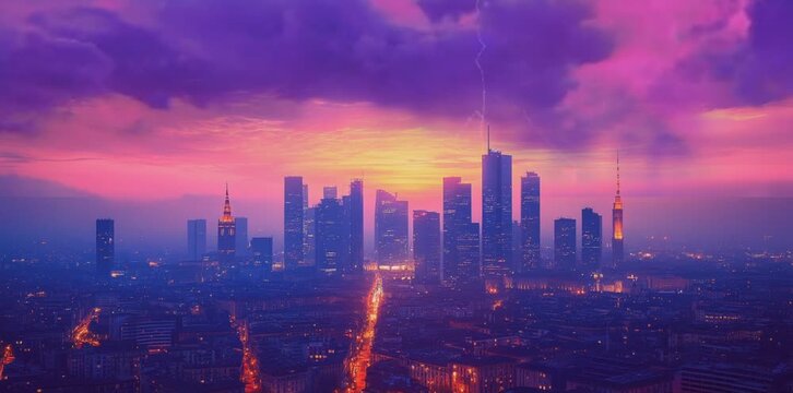 Panoramic cityscape at dusk with a vibrant purple and orange sky, featuring a cluster of skyscrapers and buildings in a metropolitan area with illuminated streets.
