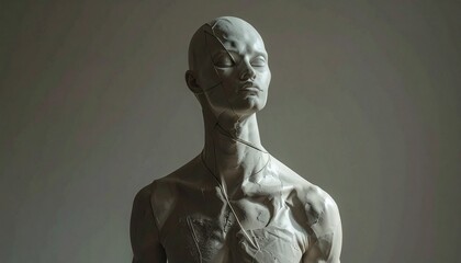 _An asymmetrical human-like structure,_one side incomplete by design,_muted tones, fla