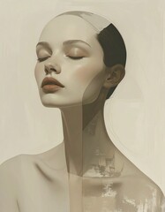 _An asymmetrical human-like structure,_one side incomplete by design,_muted tones, fla