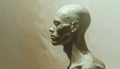 _An asymmetrical human-like structure,_one side incomplete by design,_muted tones, fla