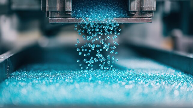 Plastic granules poured into hopper of injection molding on blurred background 