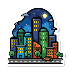 Obraz premium A nighttime cityscape with buildings, trees, and a car