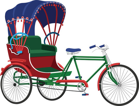 Traditional Colorful Bangladesh Cycle Rickshaw Vector Illustration Featuring Decorative Canopy Green Frame And Detailed Hand Painted Art Style
