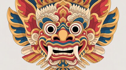 Balinese Barong Mask Illustration with Ornate Traditional Patterns. made with generative Ai

