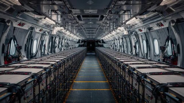 Cargo aircraft interior with stacked palletized containers and aisle industrial mooring straps