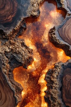 Closeup of dark walnut burl wood with flowing amber and copper resin river, glowing orange highlights, detailed grain patterns, smooth fluid texture, and artisan epoxy table finish.