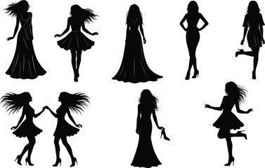 Obraz premium Elegant female silhouettes in stylish dresses showing dancing, fashion poses, movement and confidence, ideal for beauty, nightlife, party, style, illustration, and 
