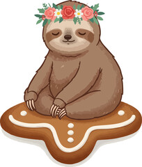 Fototapeta premium Cute Sloth Meditating On Gingerbread Cookie Wearing Flower Crown