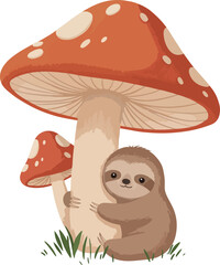 Fototapeta premium Cute Sloth Hugging Giant Mushroom Woodland Creature Vector Illustration