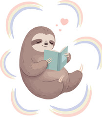 Fototapeta premium Cute Sloth Reads Book Surrounded by Pastel Rainbows