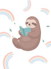 Fototapeta premium Cute Sloth Reading Book Surrounded by Pastel Rainbows Minimalist Illustration
