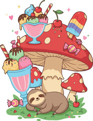 Fototapeta premium Cute Sloth Sleeping Near Ice Cream and Candy on Mushroom Forest Floor