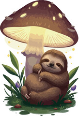 Fototapeta premium Cute Sloth Sleeping Under Giant Mushroom Magical Forest Garden