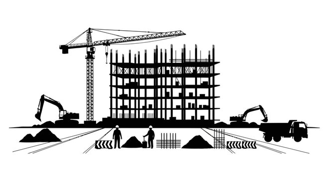 Construction Site Silhouette: High-Rise Building Frame, Tower Crane, Heavy Machinery, and Workers Vector Illustration.