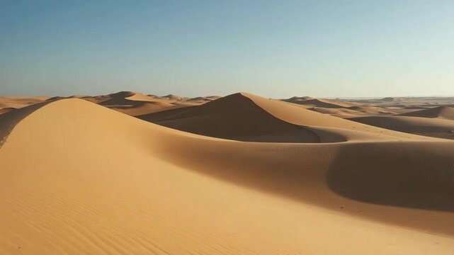 Golden sand dune desert landscape clear blue sky sunlight with sweeping textures and soft shadows