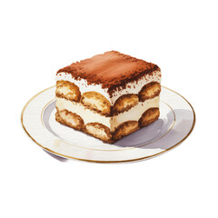 Piece of tiramisu cake dessert on a plate, watercolor isolated on white background