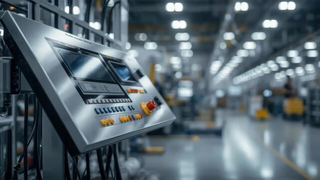 Industrial control panel with touchscreen emergency stop and display modern factory manufacturing