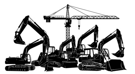 Heavy Construction Equipment Silhouette Vector Group: Excavators, Bulldozers, and Tower Crane Illustration for Industrial Design and Engineering.