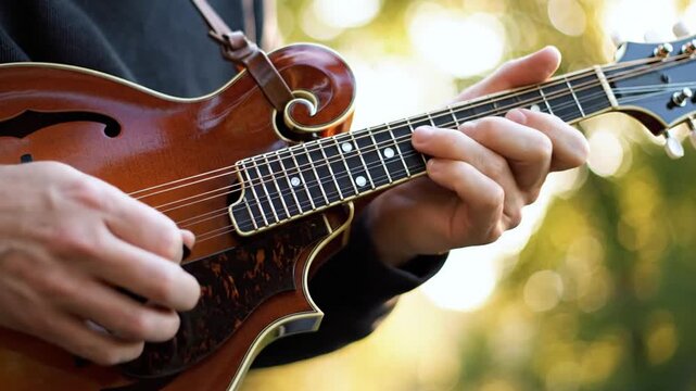 A person plays a mandolin in a serene outdoor setting with lush greenery in the background.