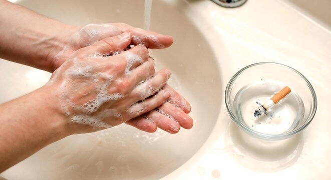 Washing hands with soap near extinguished cigarette, hygiene concept