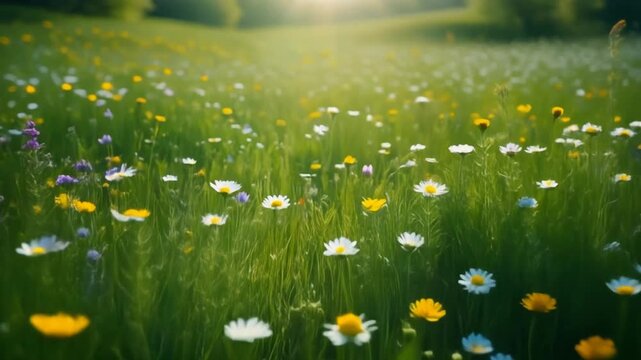 Fresh green meadow in spring season, wildflowers scattered across the field, subtle wind movement, bright natural daylight, cinematic wide shot, realistic textures, no humans, 16:9, 5 seconds