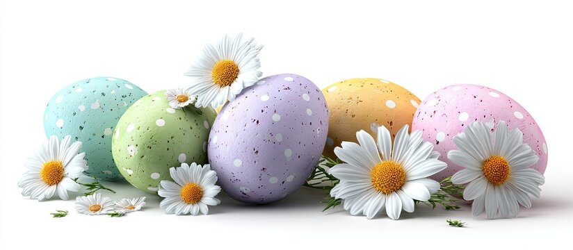 Pastel Easter eggs with white polka dots and daisies, arranged on a white background