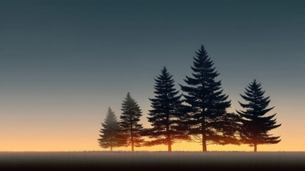 Obraz premium Silhouetted Pine Trees Against a Vibrant Sunset Sky with Gradients of Orange, Blue, and Purple Creating a Peaceful Natural Landscape Scene
