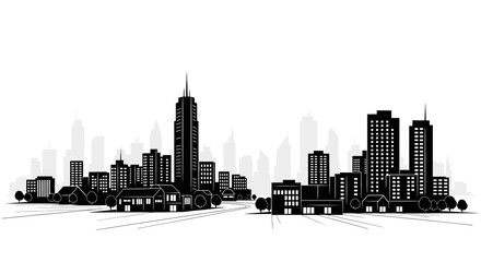 Obraz premium Modern City Skyline Silhouette Vector Illustration. Black and White Urban Panorama with Skyscrapers and Perspective Lines on White Background.