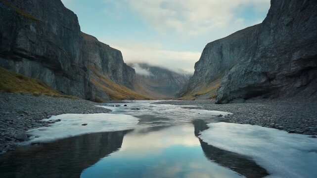 Reflective river stream flowing through a deep mountain gorge bordered by massive rocky cliffs and patches of ice in a remote glacial valley.