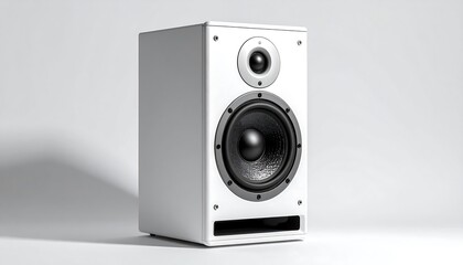 Obraz premium Modern White Speaker with Woofer and Tweeter on White Background.