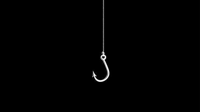 Shiny metallic fishing hook on a line against a solid black background, concept for angling, bait, danger, or capture