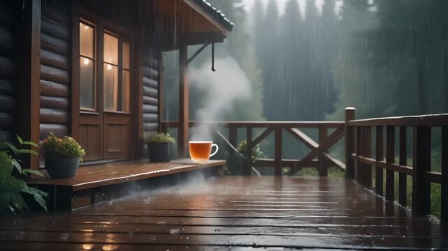 Cozy wooden cabin porch during a heavy rainstorm with a hot steaming cup of tea or coffee overlooking a dense forest
