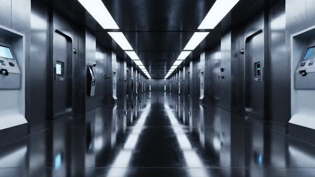 Long, dark corridor with metallic doors and dim overhead lighting, featuring a shiny floor and futuristic ambiance, leading to a distant vanishing point.
