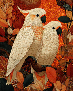 An vibrant illustration of two sulphur crested cockatoos against an Australian aboriginal dot painting background of leaves and branches in shades of orange.