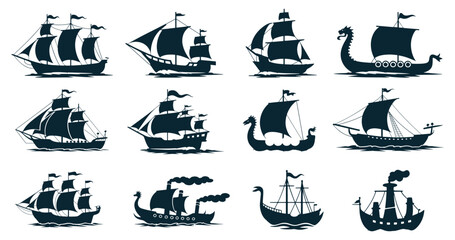 Ships silhouette collection, nautical and historical themes with variations in sail arrangements, hull shapes, flags, classic steamship with a tall smokestack for logos, posters, or nautical-themed. © Madusanka