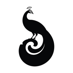 Fototapeta premium Black and White Peacock Silhouette with Swirling Tail bird