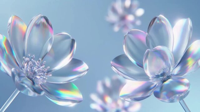 Close up of digitally created transparent flowers with iridescent light effects featuring abstract floral elements and subtle rainbow patterns against a soft blue background atmosphere.