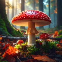 Three mushrooms with red, dotted caps amid forest foliage and moss, bathed in soft sunlight filtering through trees