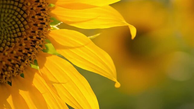 Macro sunflower petal edges and seed center moving gently in breeze with warm golden bokeh, summer nature footage