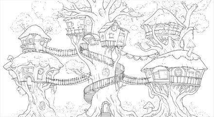 Obraz premium Magical Treehouse Village Coloring Page with Enchanted Forest Details