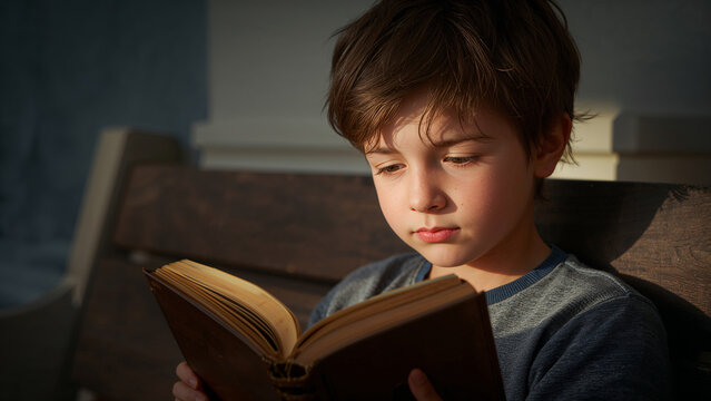 Young boy reading a book child one person young child