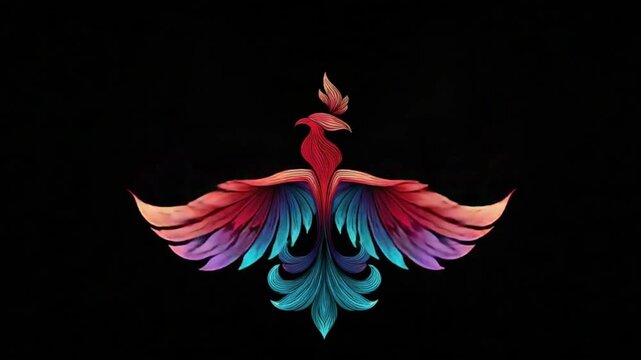 Colorful feathered phoenix with spread wings on a black background