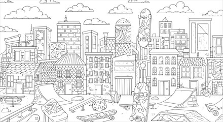 Fototapeta premium Skateboard Park and Urban Cityscape Detailed Coloring Page for Teens