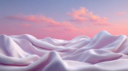 Fototapeta premium Soft Pink Fabric Waves Under a Beautiful Pastel Sky with Clouds at Sunrise, Ideal for Abstract and Minimalist Designs and Backgrounds