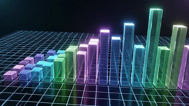 Glowing holographic bar chart visualization representing strong business growth statistics and increasing financial performance across a digital grid surface in a dark environment
