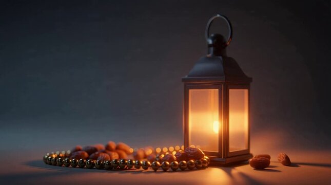 A glowing lantern illuminates prayer beads and dates in a serene, dark setting, evoking a sense of spiritual reflection and cultural tradition.