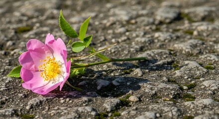 Fototapeta premium A small pink flower growing through cracked asphalt