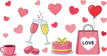 Large vector illustration bundle featuring romantic Valentine's Day hearts party drinks line art mountain road silhouettes and highway tunnels for creative design and marketing projects