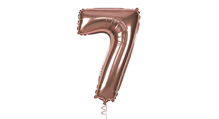 Obraz premium rose gold metallic number seven balloon elegantly floating against a pristine white background ideal for festive celebrations and special events.