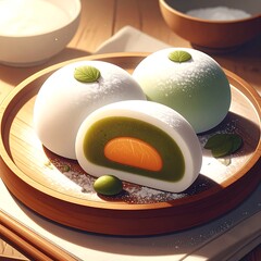 Three pastel-colored mochi are arranged on a wooden tray with a white cloth on a table
